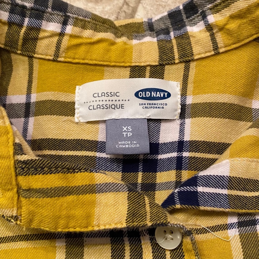 Old Navy | Golden Yellow & Navy Plaid Flannel Shirt | Fall Layering | XS - Picture 3 of 4